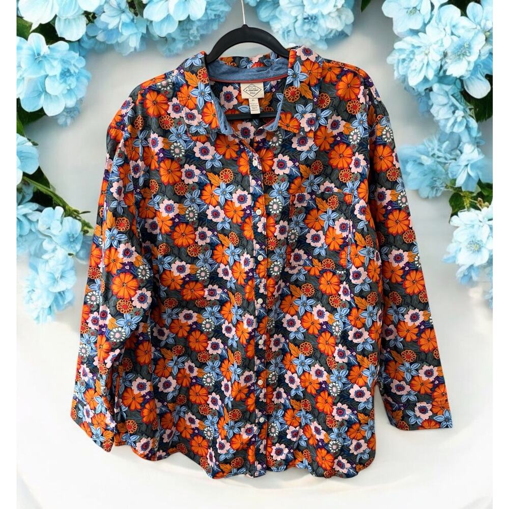 NWT St. Johns Bay Multi Floral Long‎ Sleeve Collar Button Down Size 2X orange